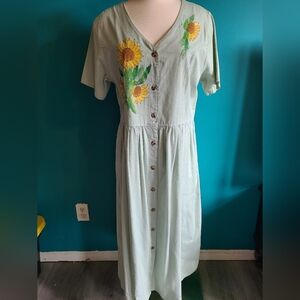 vintage 90s hand painted denim dress size large button front pastel green flower